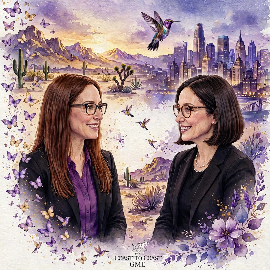 Coast to Coast GME cover art: two women in purple blazers facing each other with a hummingbird between them, a desert landscape on one side and a city skyline on the other